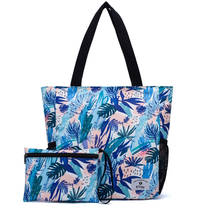 ETidy Large Capacity Foldable Tote Bag With Zipper Water-resistant Sandproof Women Beach Bag Handbag Gym Bag Travel Shopping Bag(Palm Leaves) - Image 1